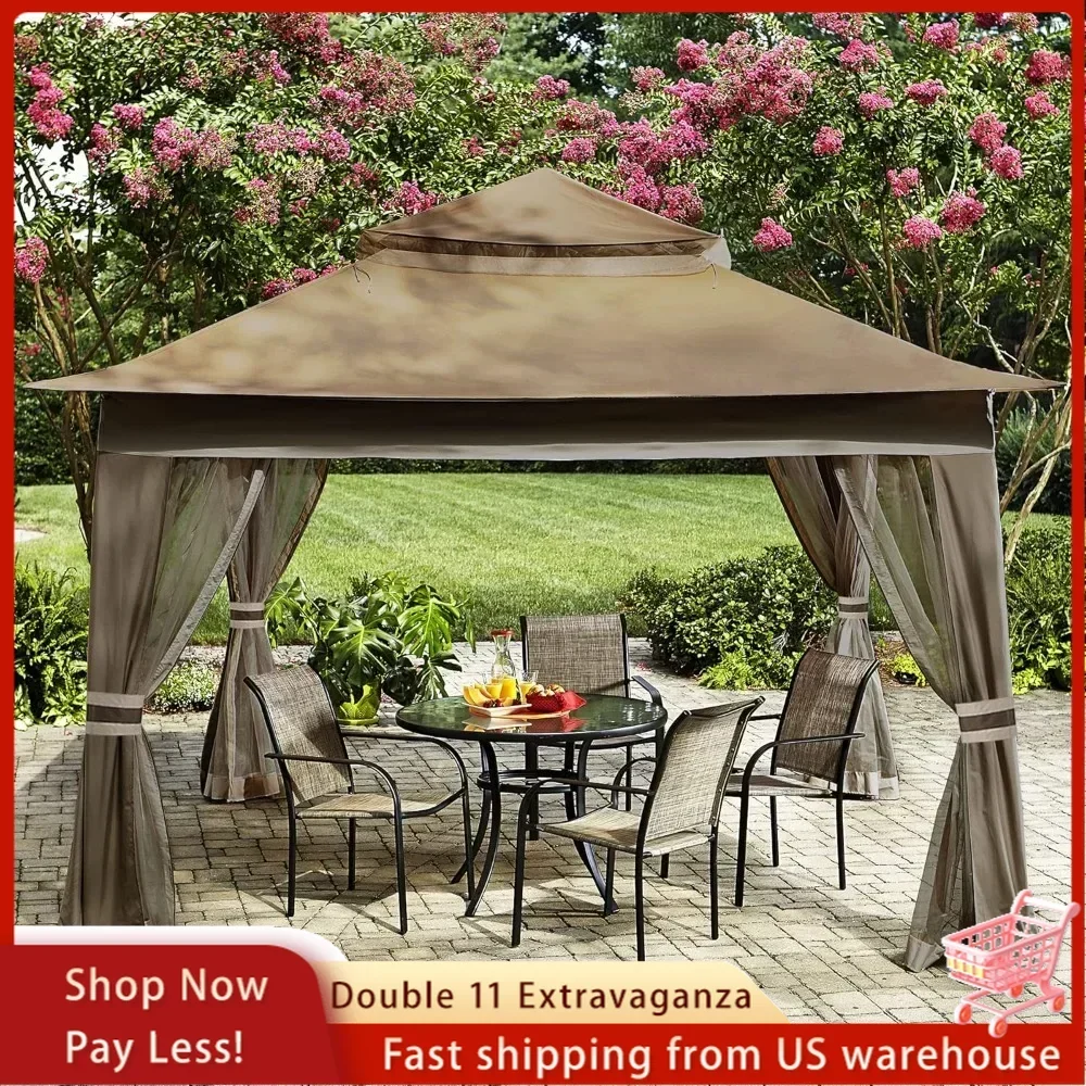 Awning,Patio Gazebo Outdoor Pop Up Gazebo with Mesh Walls (13x13 Brown)