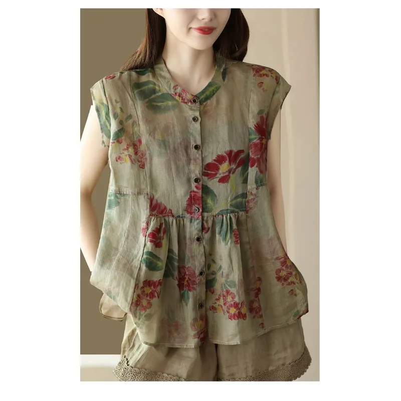 

Retro Floral Short sleeved Blouse for Women with a Sense of Design Thin and Breathable Single Row Button Top