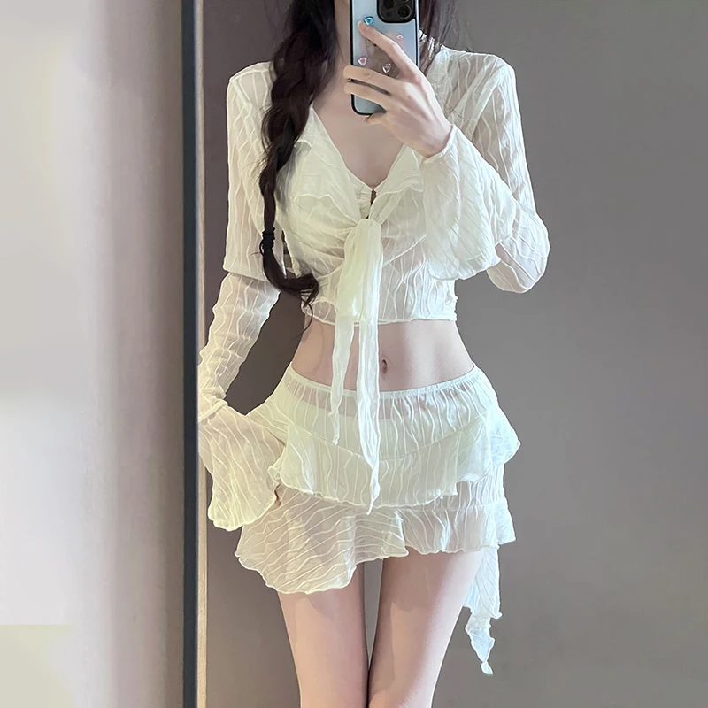 Korean Fashion Bikini Four Piece Set Women Lace Up Flare Sleeve Cardigan Irregular Lace Trim Swimsuit Sexy Beach Bathing Suit