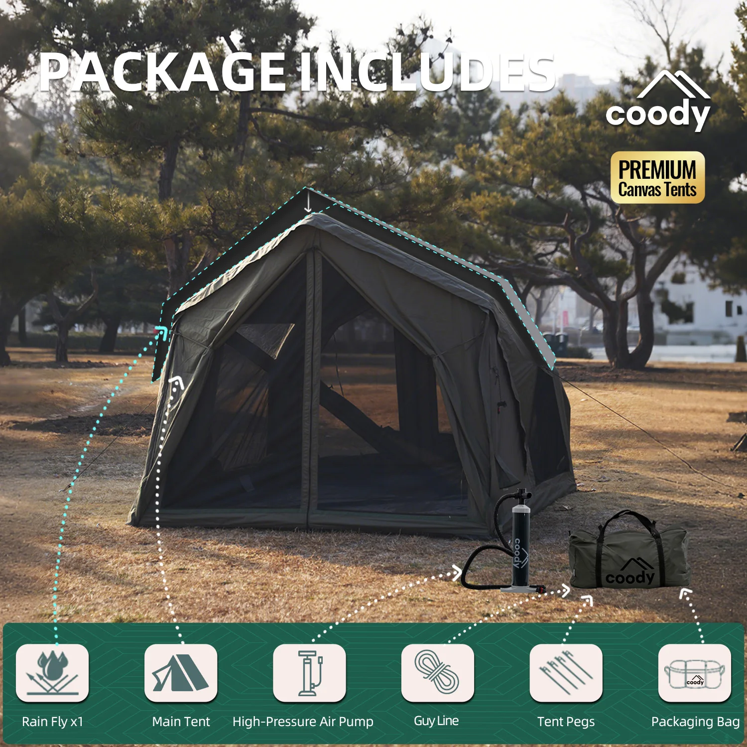 

Yustona Air Tent-Army Green Cotton Fabric Camping 2-4 Person Camping Canvas Tent Outdoor 4 Season Inflatable Tent