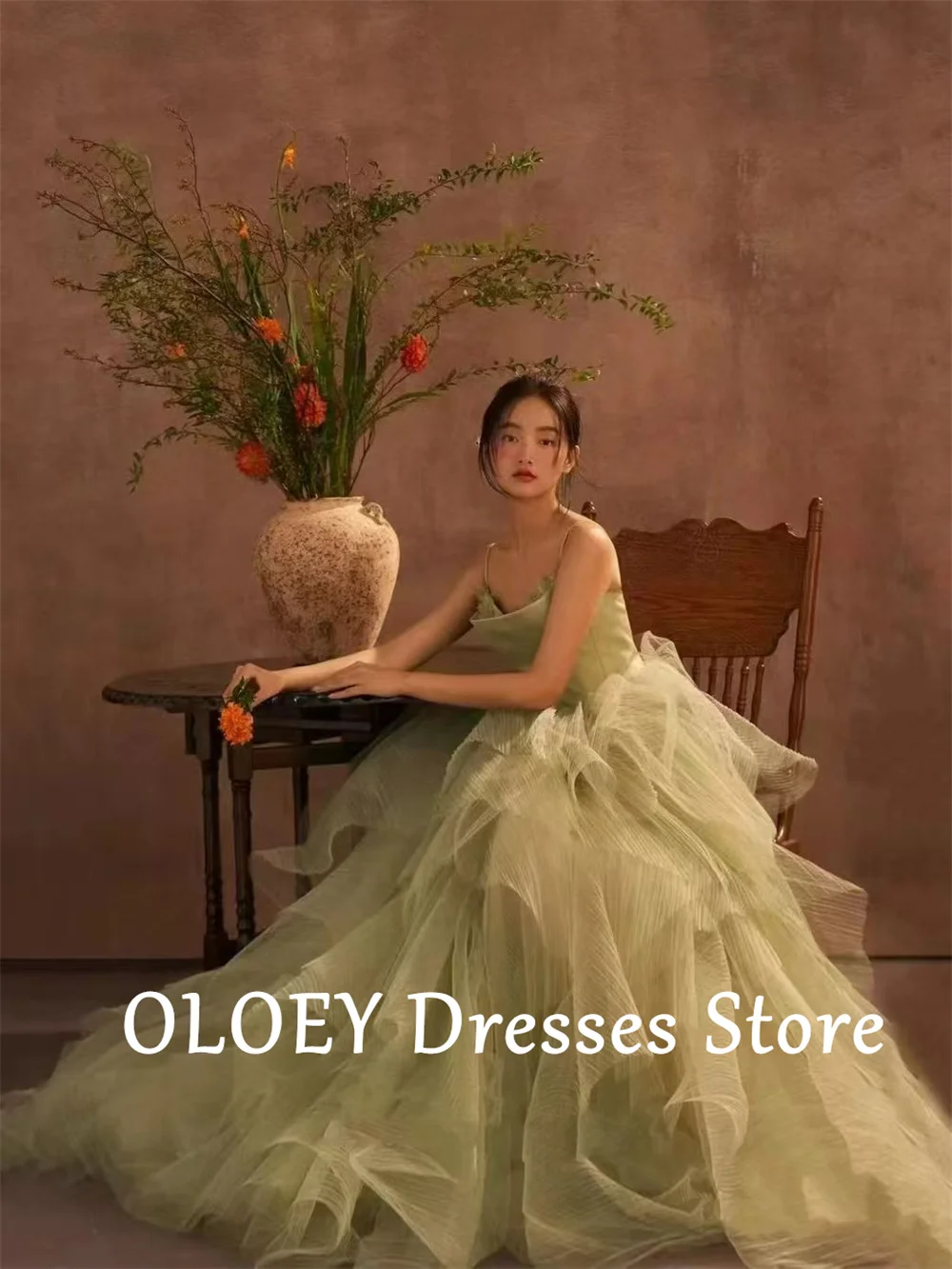 OLOEY Mint Green Wedding Dresses Spaghetti Straps A-line Bridal Gown Tulle Korea Photo Shoot Wedding Ball Gown Custom Made