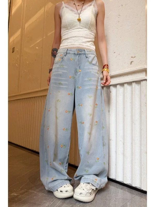 

MoNvKiKiPlus10 Spring Breeze Embroidered Wide Leg Jeans plus Size Heavy Stitching Floral High Waist Cotton Casual Skinnier