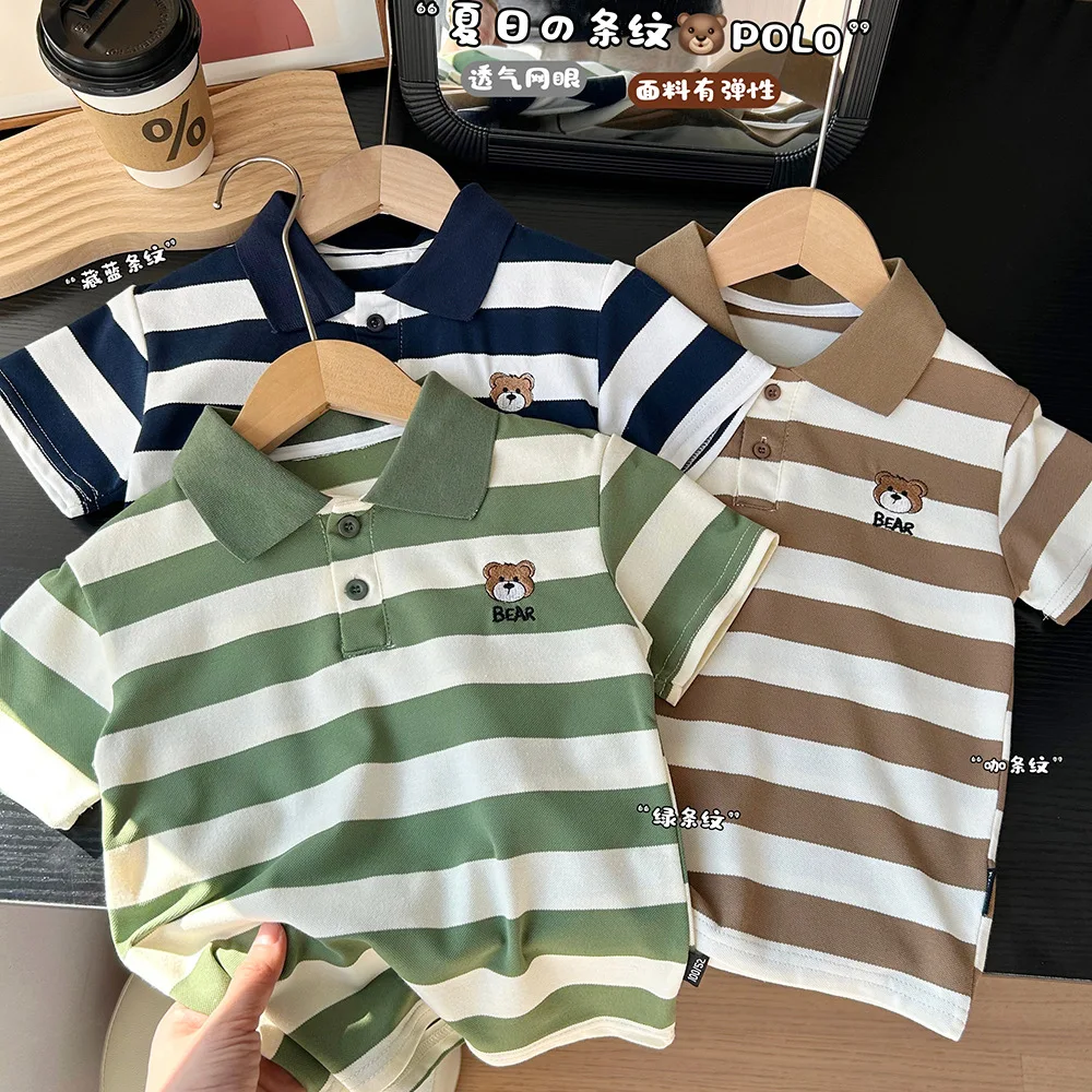 

Поло с длинными рукавами для детей, новинка 2023 года, летняя стильная детская рубашка-поло с короткими рукавами, футболка в полоску с лацканами для мальчиков, детская базовая рубашка