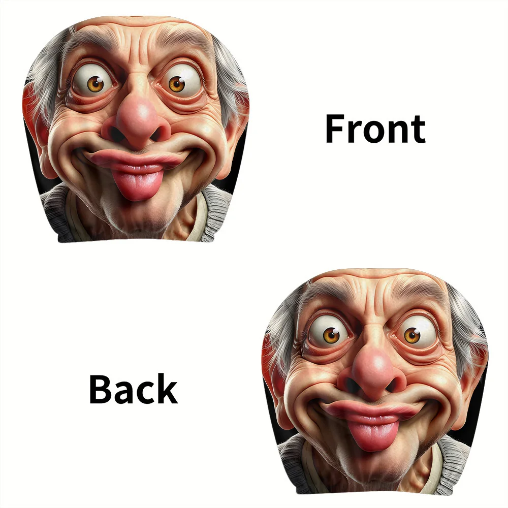 2pcs Cartoon Grandpa Realistic Style Printed  Headrest Covers,, Adds Driving Fun, an Essential Decoration for Your