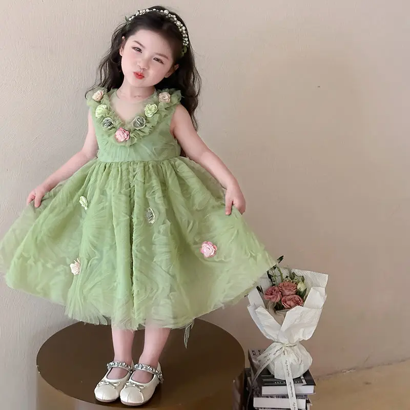 

Girls Skirt 2025 Summer New Childrens Clothing Korean Style Girl Baby Sweet Flower Fairy Net Yarn Dress Casual Simple Daily