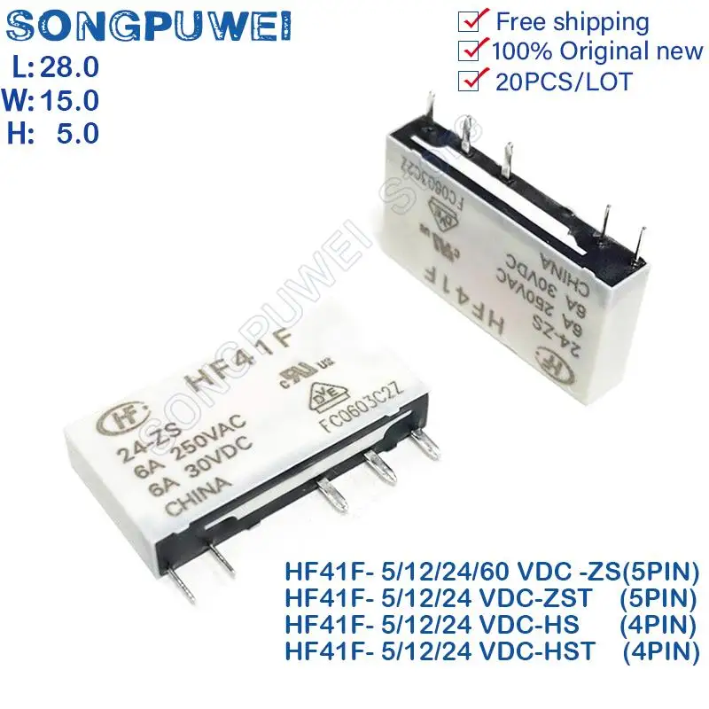 20Pcs/Lot HF41F - 05 012 024 -ZS -HS -ZST -HST 41F-C2-1 HF41F-012-ZS 5PIN 6A HF41F-024-ZS Relays 5V 12V 24V 60V DC HF41F-024-ZS