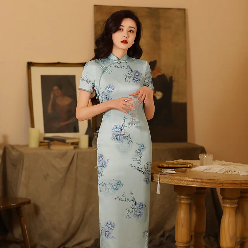 

Women Chinese Traditional Qipao Short Sleeve Lady Print Elegant Vintage Button Party Dress Female Catwalk Luxury Cheongsam