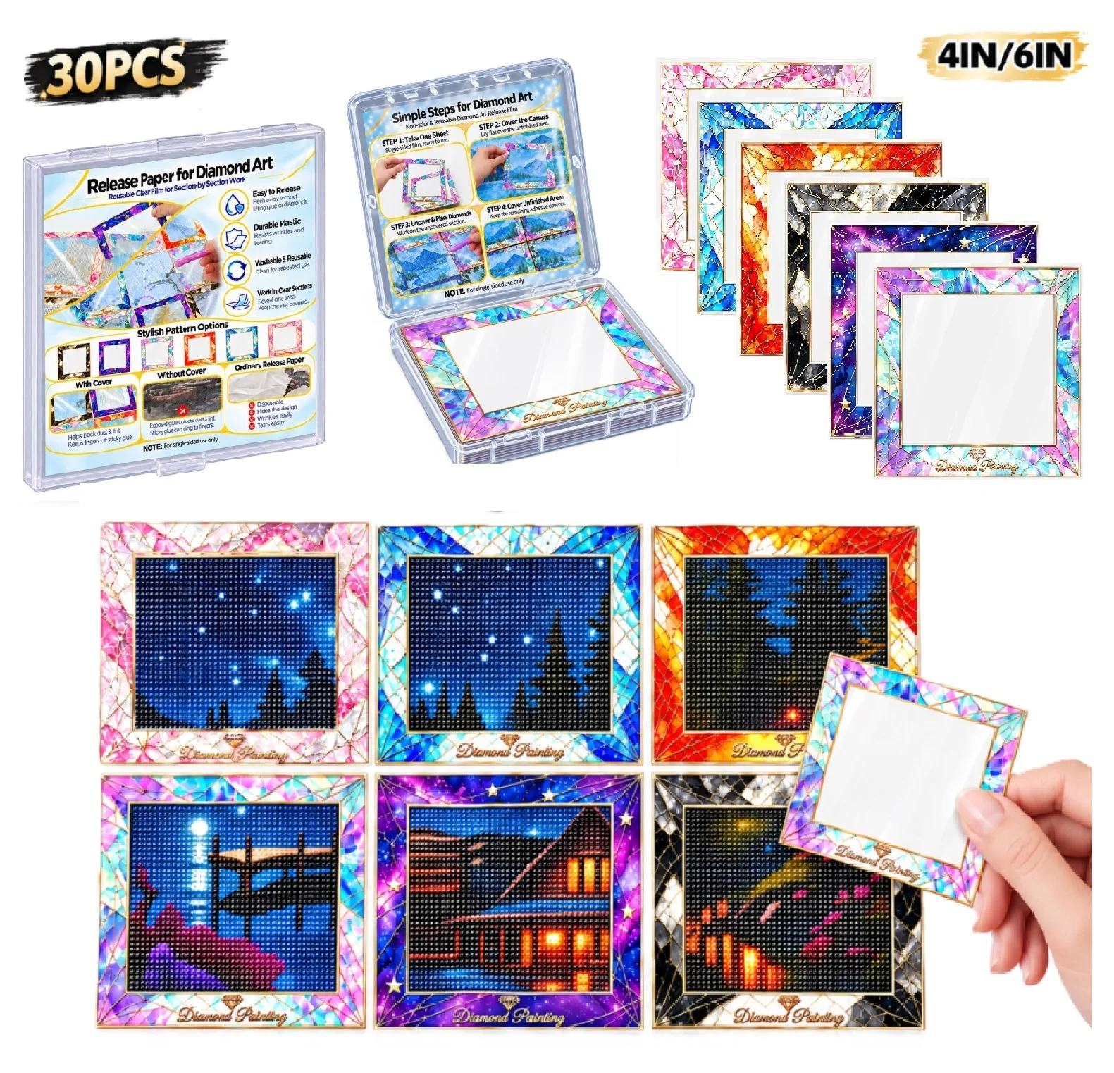 30Pcs Reusable Diamond Painting Release Film, Two Sizes of Non-Stick Release Paper, DIY Diamond Painting Tool Accessories