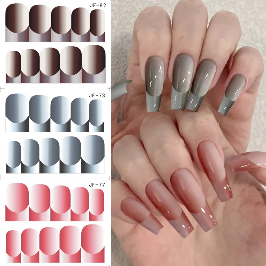 Vertical Ombre French Tip Nails Stickers Gradient Sliver Black Water Wrap Sliders Full Cover Manicure Decals Accessories JF73-84