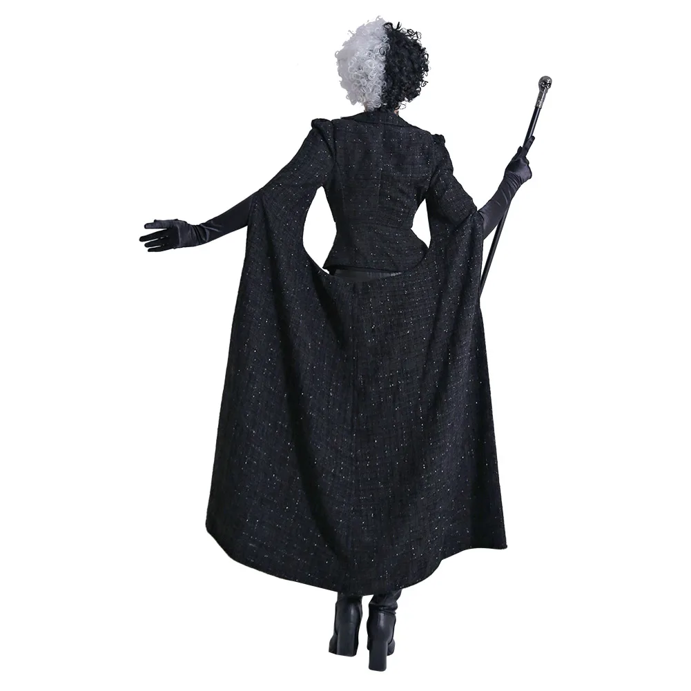 Disfraz de Cruella para mujer adulta, abrigo negro, peluca, trajes, Halloween, Carnaval, juego de rol, ropa de mujer