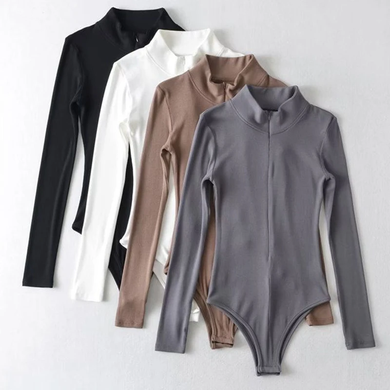 1pcs Women Bodysuit Long Sleeves Body Sexy Bodycon Slimming Zipper Top Female Bodysuit Lady Fashion Basic Solid Jumpsuit T-shirt