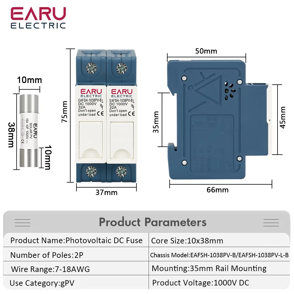 One Set 2P DC Fuse Holder 10*38mm High Voltage Solar PV 1000V 6A-32A Base Photovoltaic System Protection Protector gpV Parallel
