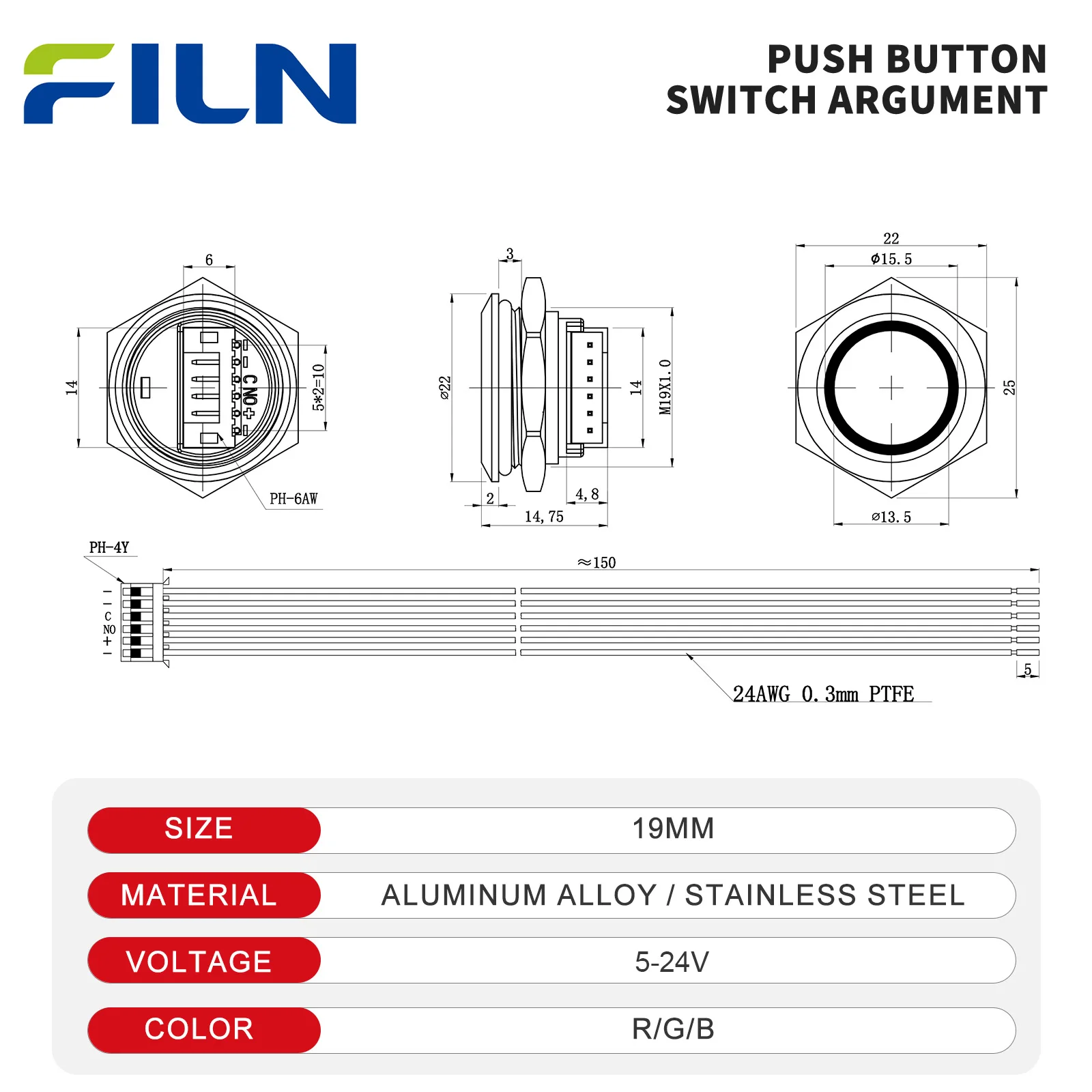 FILN 19mm Ultra-Thin Momentary Push Button Switch 12v 24v DC IP67 Waterproof Short Touch Button Switch 0.74