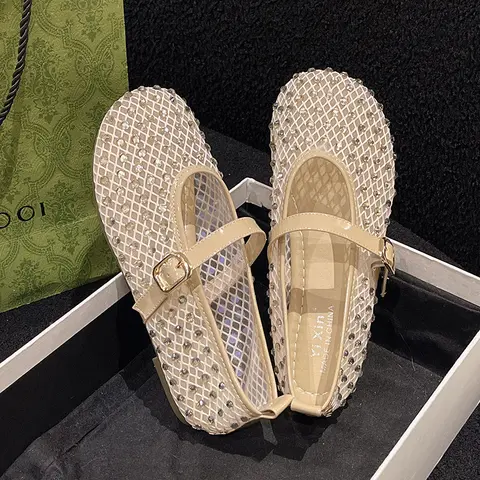 럭셔리 크리스탈 덮여 Fishnet 메리 제인 신발 여성 우아한 브랜드 디자인 라인 석 메쉬 발레 플랫 숙녀 블링 네트 로퍼