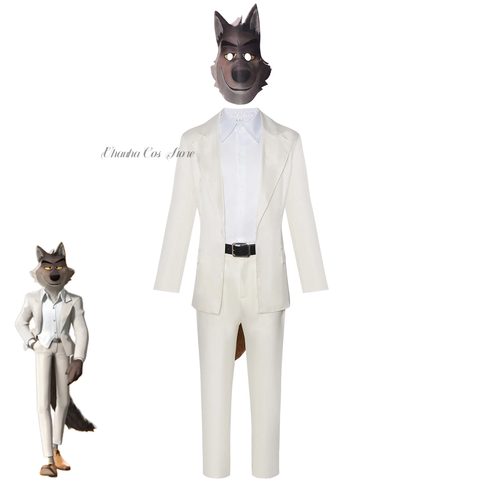 هالوين باد وولف تأثيري الرجال زي الذئب هود/ذيل الذئب مجموعة كاملة ملحق هالوين تمويه الدعاوى الأبيض للجنسين الزي