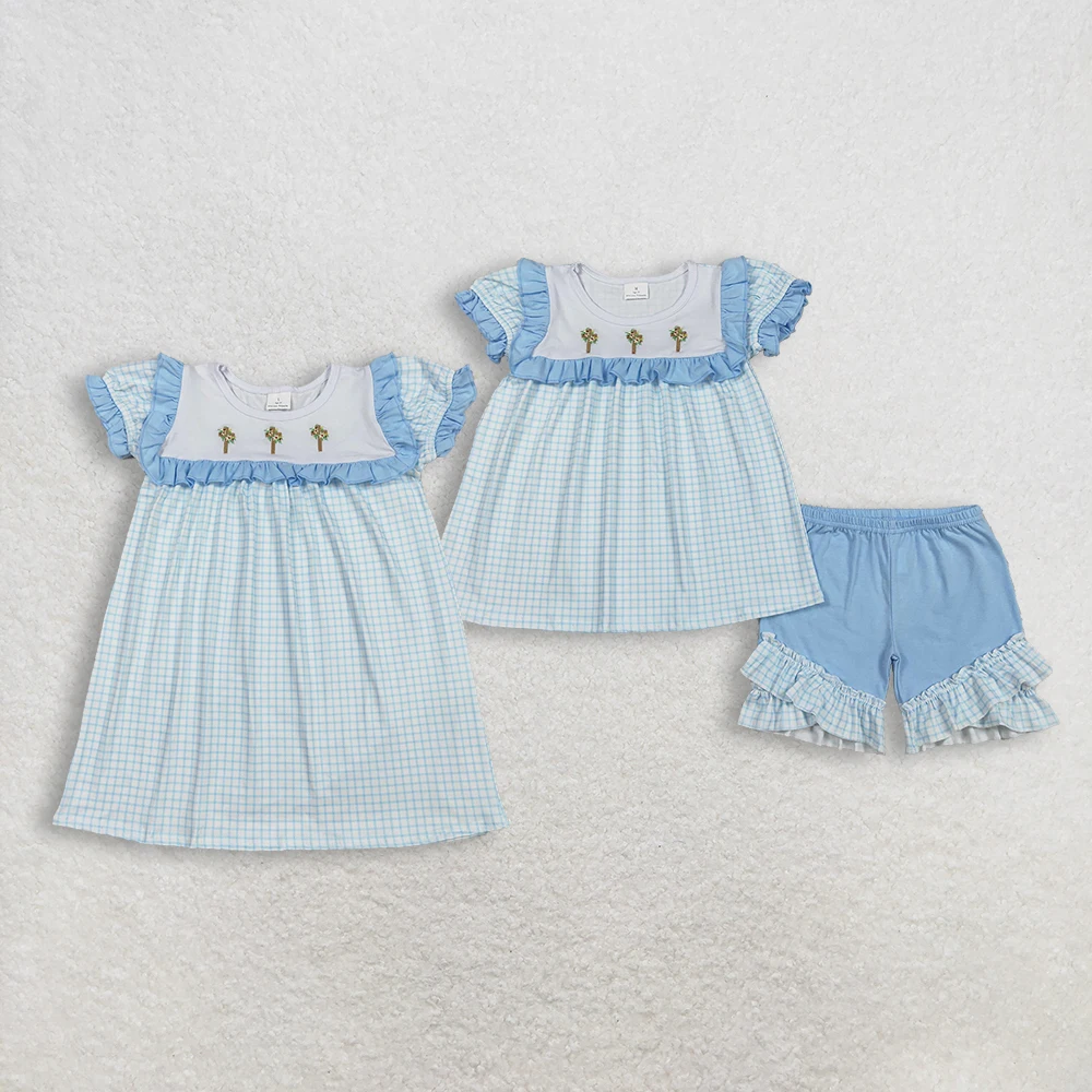 

z1208-03 GSSO2718 Wholesale Boutique clothes girls Matching embroidery easter short sleeve shorts Set Autumn Children clothing