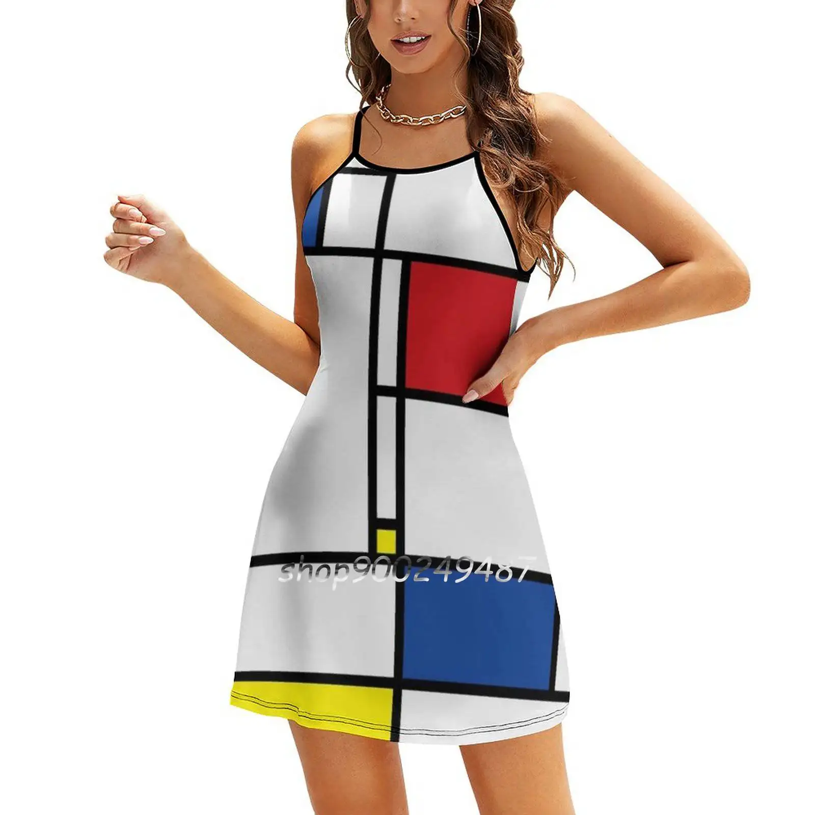 Mondrian Minimalist De Stijl Modern Art I.I © Fatfatin Square Neck Dress Cute Loose Print Dresses Elegant Beach Party Dress