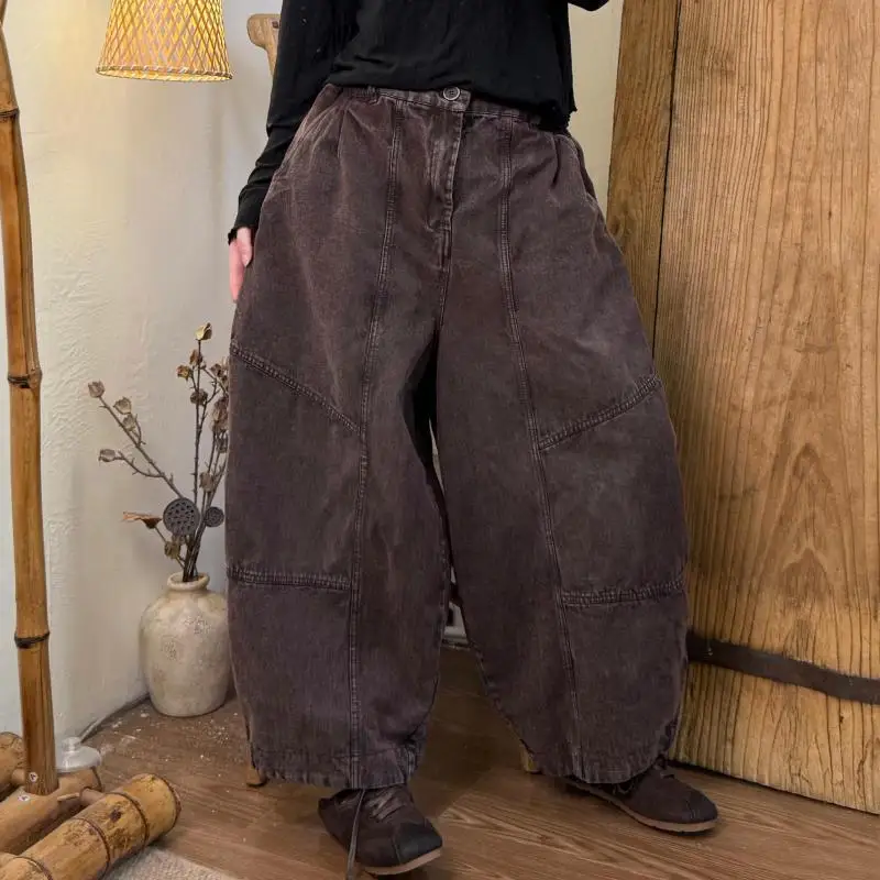 

New Arrival Spring Autumn Arts Style Women Elastic Waist Cotton Denim Harem Pants Vintage Gray Cotton Loose Jeans Good Quality