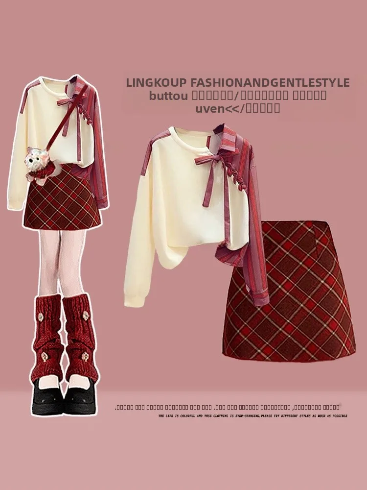 

Комплект из двух предметов: топ с эффектом омоложения и утягивающий эффект, а также короткая юбка с высокой талией в клетку, красный, для женщин, больших размеров, весна-осень, повседневный стиль