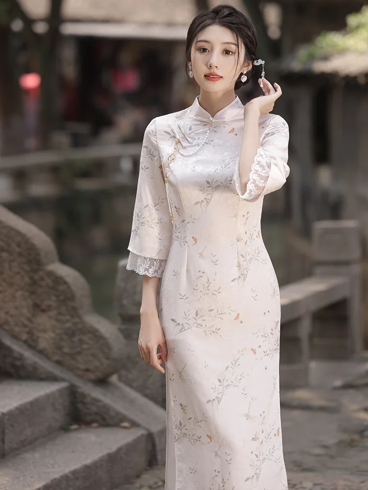 Autumn Mandarin Collar Lace Trim Flare Sleeve Satin Cheongsam Women Daily Dress Slim Qipao Femme