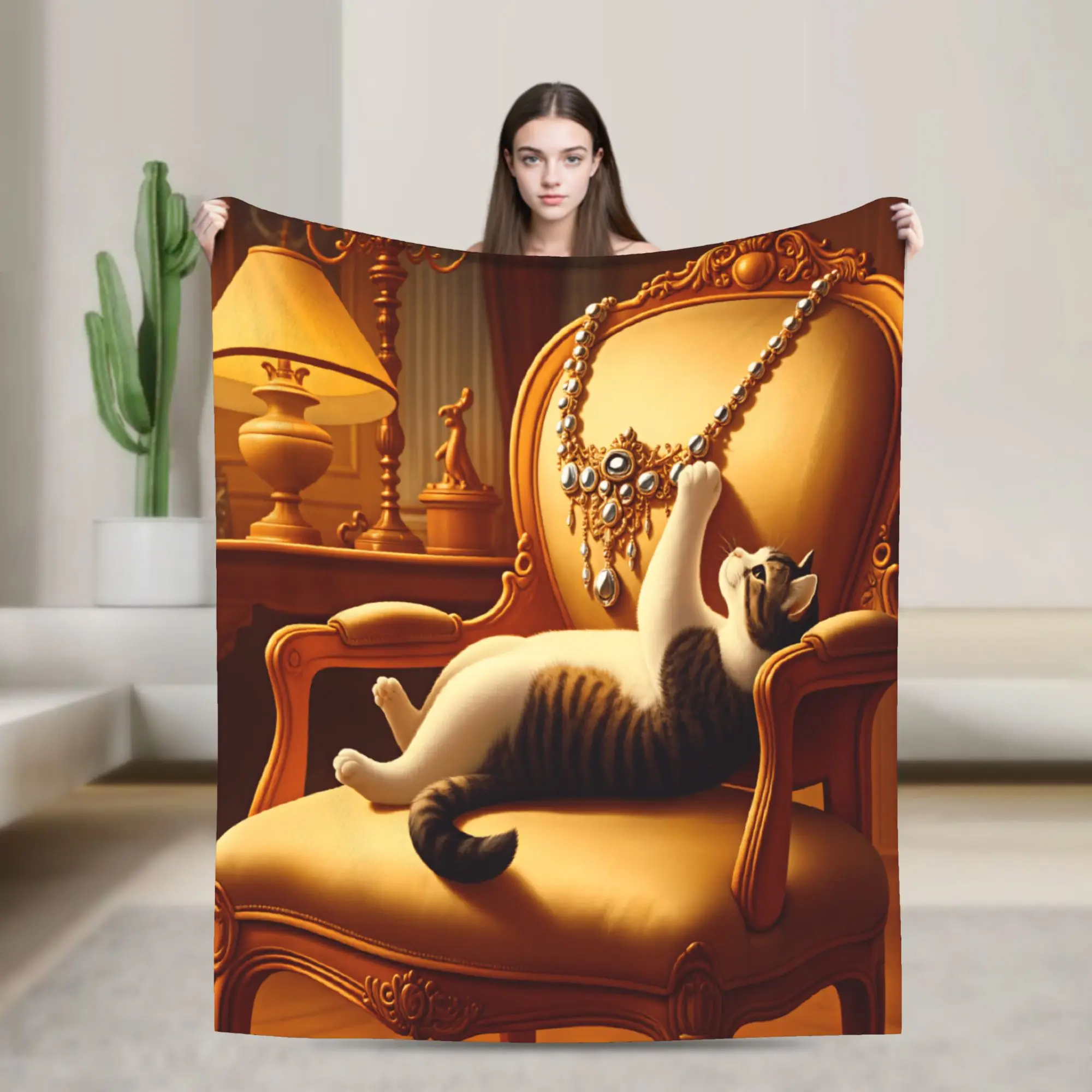 Playful Cat with Rococo Necklace Poster Blanket Soft  Throw Blanket Winter Girls Living Room Picnic Bedspread
