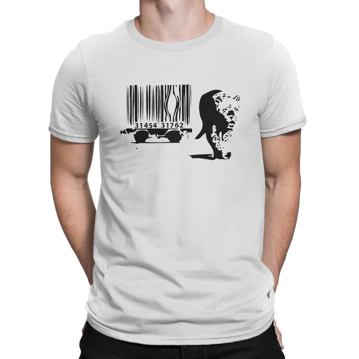 Print Tiger Barcode T-Shirts for Men Banksy Street Graffiti Artist Creative Pure Cotton Tee Shirt Round Collar Short Sleeve