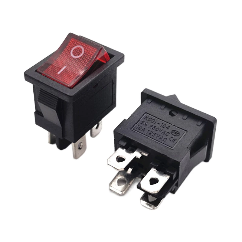 Interruptor Rocker Delicado com LED, KCD1-104, AC 250V, 6A, 4 pinos, vermelho, ligado, desligado, I, O, SPST, Snap no Mini Barco, 10 Pcs/Lot