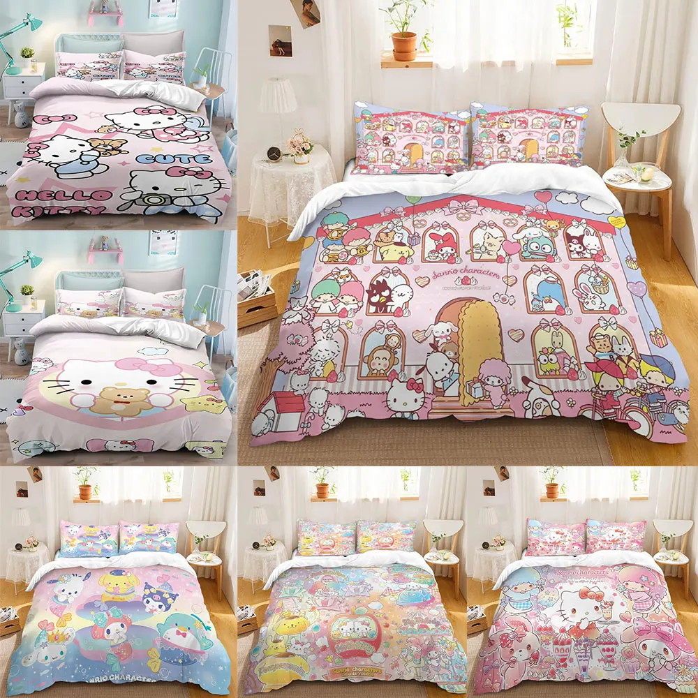 Hello Kitty Bedding Sets Cute Quilt Comforter Bed Cover Duvet Cover Pillow Case 2-3 Pieces Sets Kids Adult Bedroom Decoration