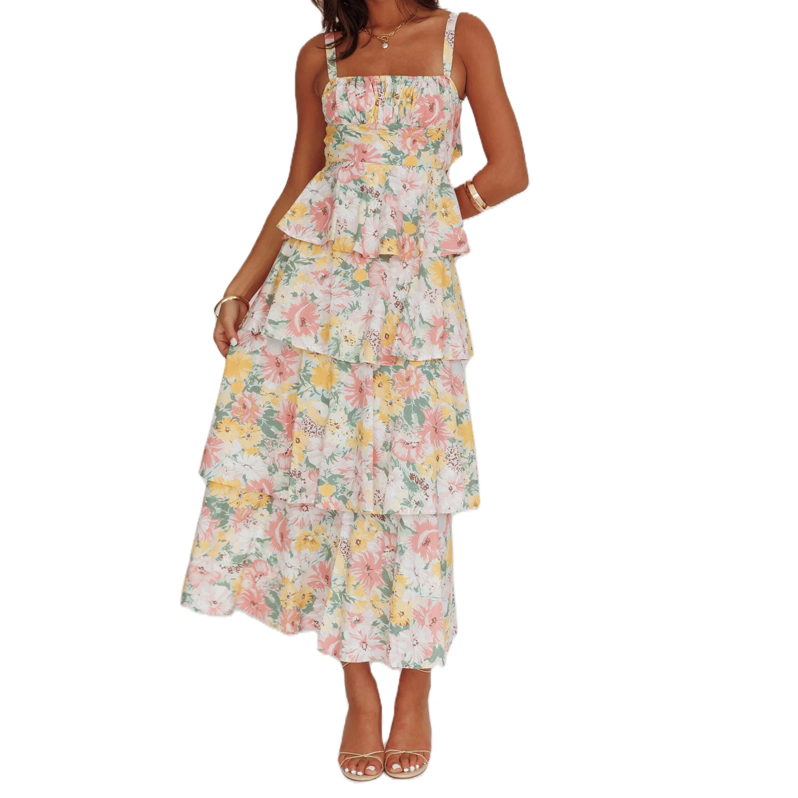 Vrouwen Y2K Ruffle Tiered Flowy Jurken Boho Bloemen Maxi Jurk Spaghetti Ruglooze Voor Strandvakantie Zomerfeest Dagelijkse slijtage