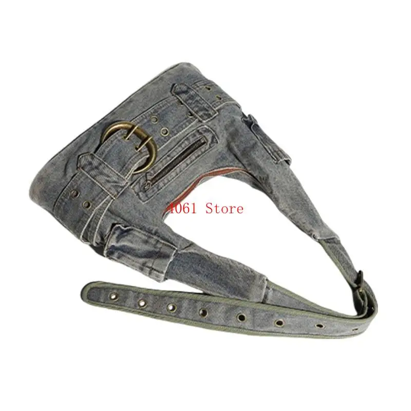 

Fashionable Washed Denims Crossbody Bag with Multiple Compartment for Women Vintage Punk Eyelets Buckles Shoulder Bag