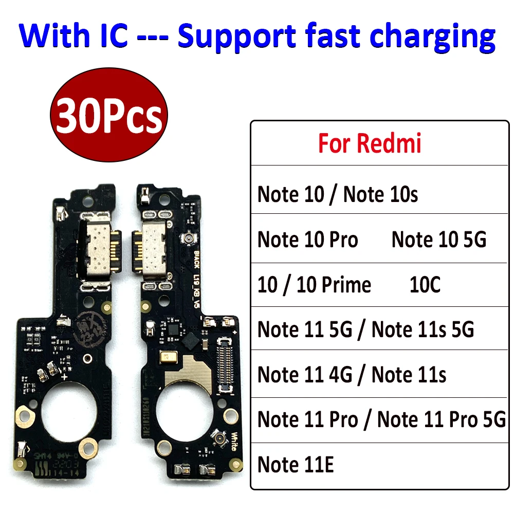 30Pcs，Repair Charging Port Connector Board Flex With Microphone Parts For Xiaomi Redmi 10C 10 Prime Note 11 10 5G 10 Pro 10S 11E