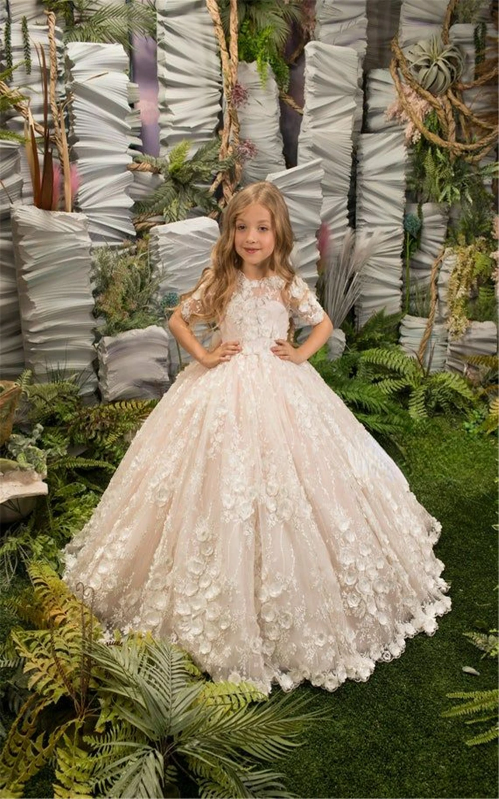 Lindo vestido champanhe flor menina adorável para festa de casamento mangas curtas inchado primeira comunhão vestidos de noite de aniversário