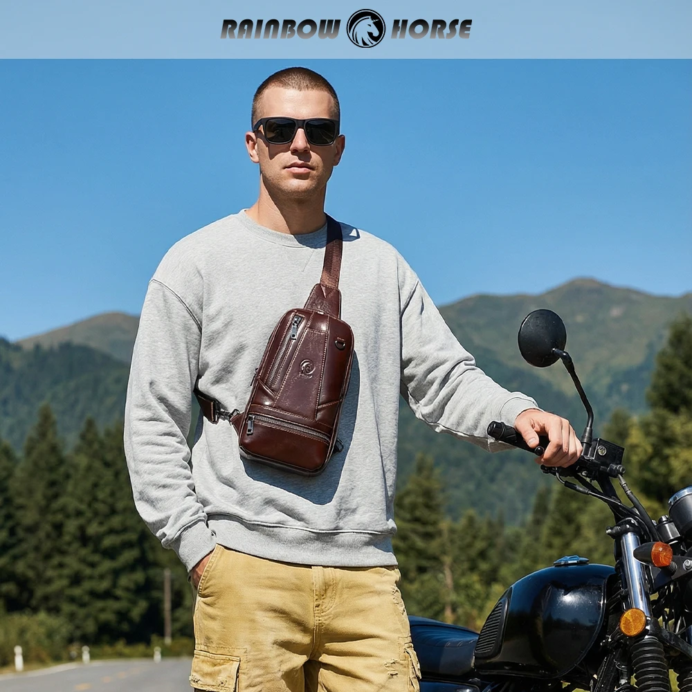 Vintage men's leather chest bag, coffee colored minimalist shoulder bag, trendy casual sports crossbody chest bag, versatile com