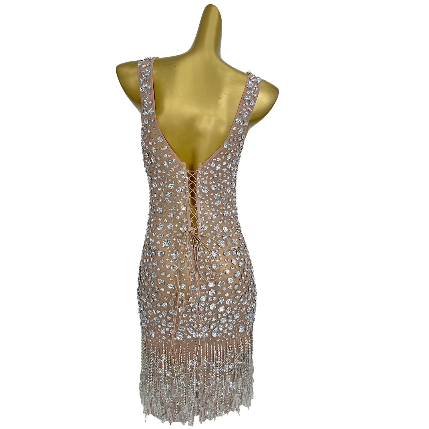 فستان Aixin نسائي شبكي برقبة مربعة وأحجار الراين فضي شفاف من خلال تنورة شرابة لأداء الرقص في مأدبة الزفاف #4