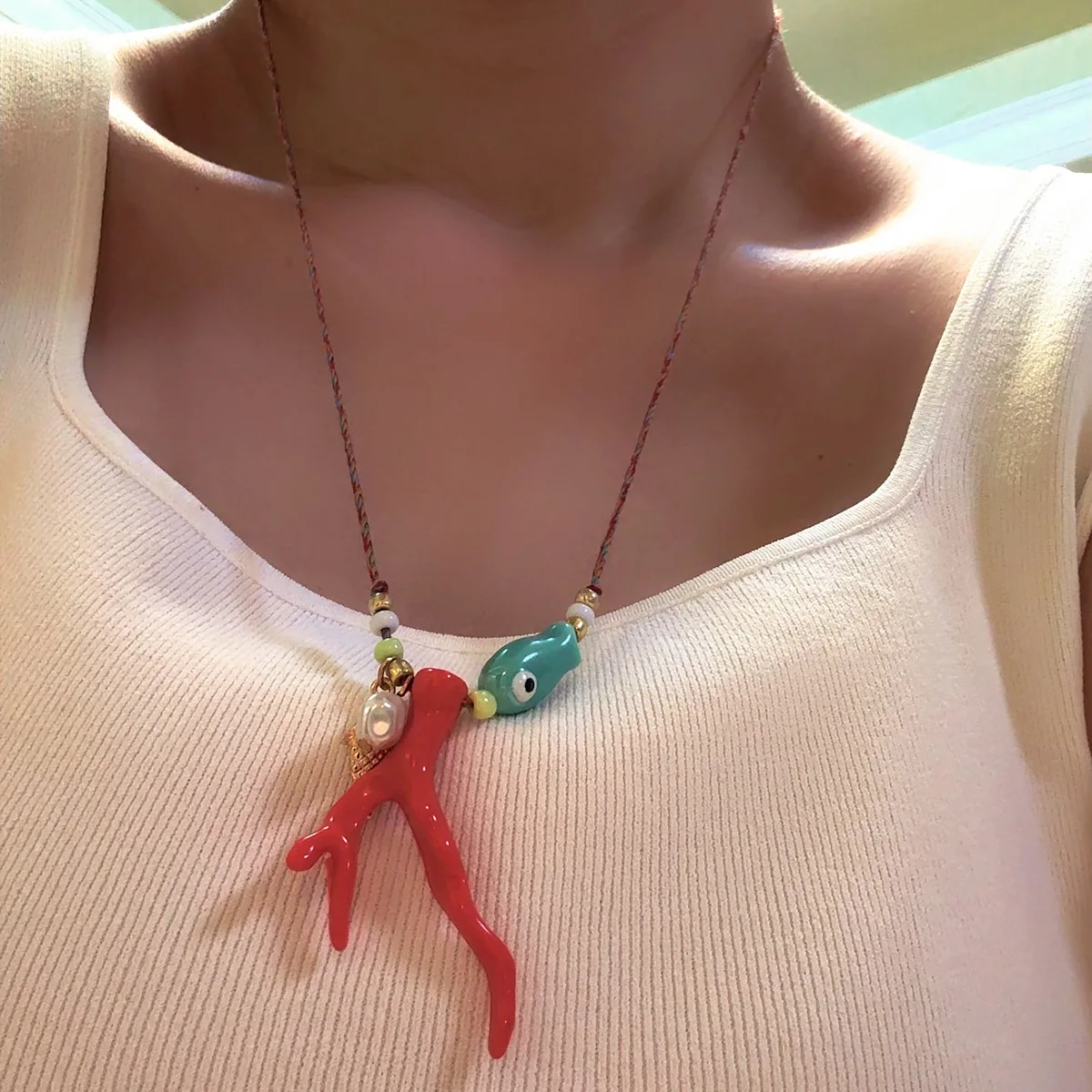 MHS.SUN New Ocean Imitation Coral Glass Fish Pendant Necklace Boho Colorful Braided Rope Adjustable Women Vacation Party Jewelry
