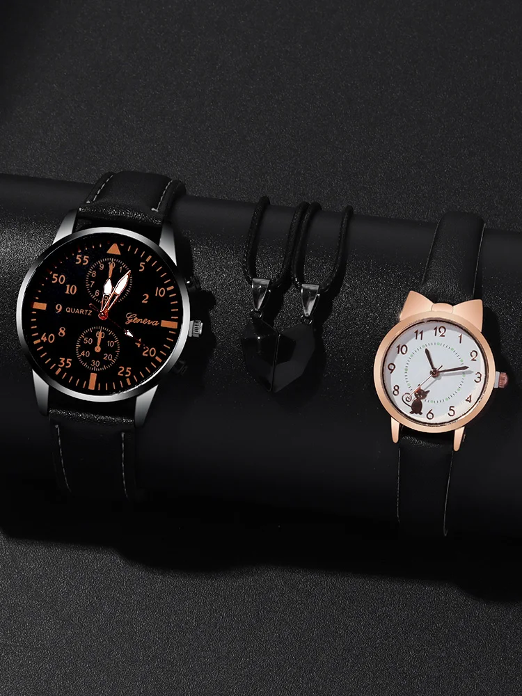 4pcs Fashion Versatile Creative Personalized Men and Women Couple Watch Quartz Watch with Love Pendant Necklace Combination Set