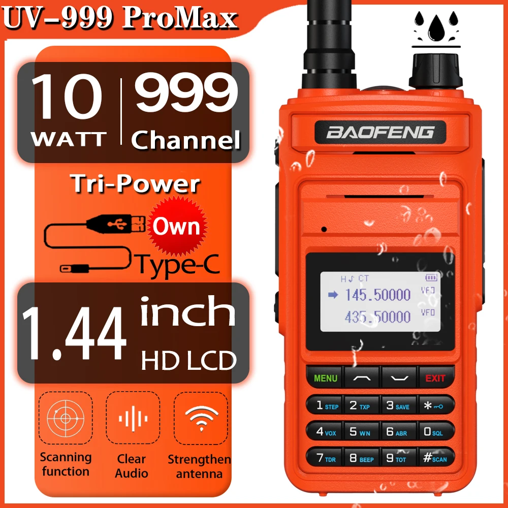 Baofeng-UV-999 Pro Max Walkie Talkie, Dual Band, Rádio Ham CB portátil, Transceptor FM, Rádio em dois sentidos, UV-5R, 10W, 999CH