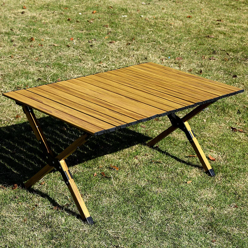 Portable outdoor camping egg roll table, picnic wood grain folding table