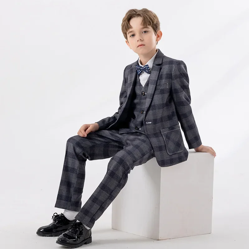 Boys Blue Slim Fit Suits Formal Wear Children Teenagers Groomsman Performance Host Clothes Kids Plaid Students Party Full Dress