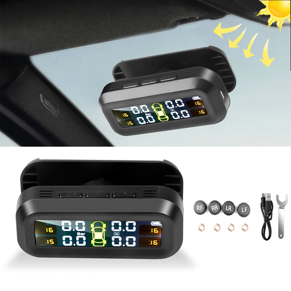

Solar TPMS Tire Pressure Monitoring System 4 Sensors Solar and USB Charging LCD Display Suitable for Car RV SUV MPV and Sedans