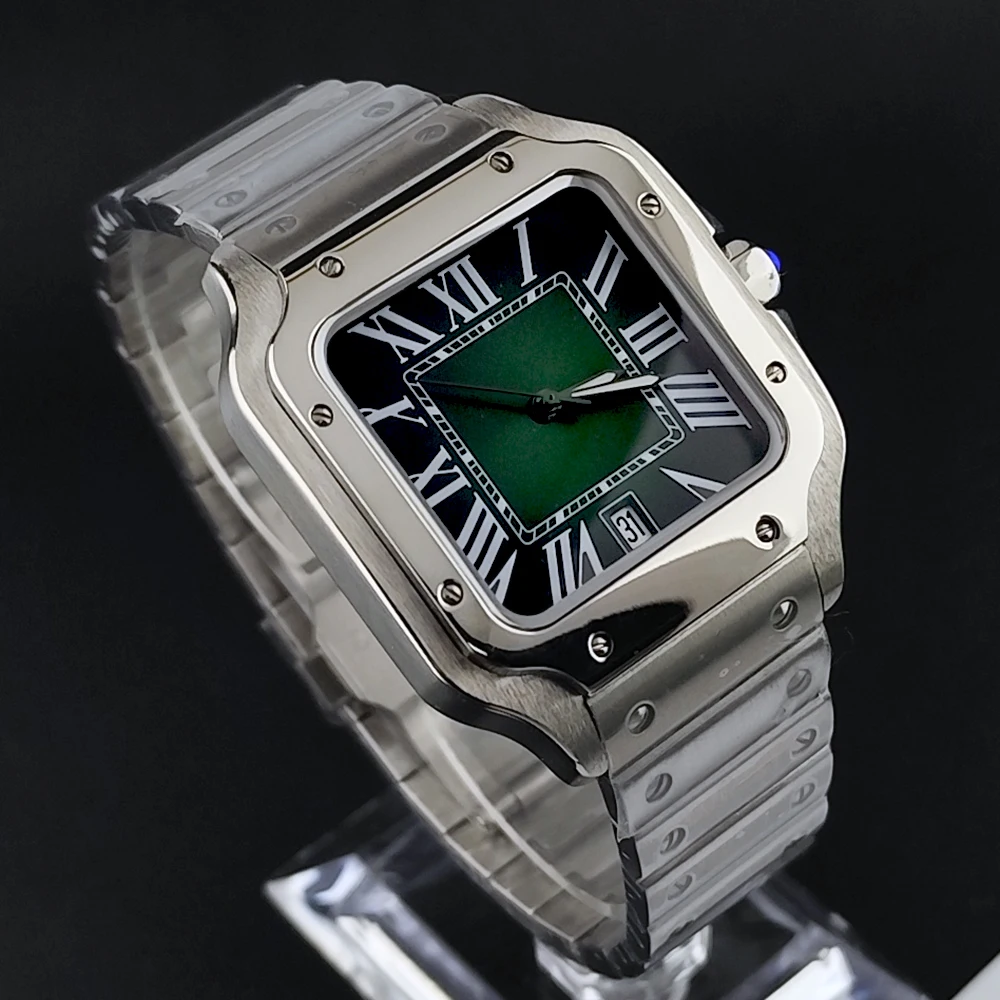 NH35 Santos montre 38mm Logo personnalisé montre montre pour hommes montre en cuir vert NH35 mouvement montre accessoires