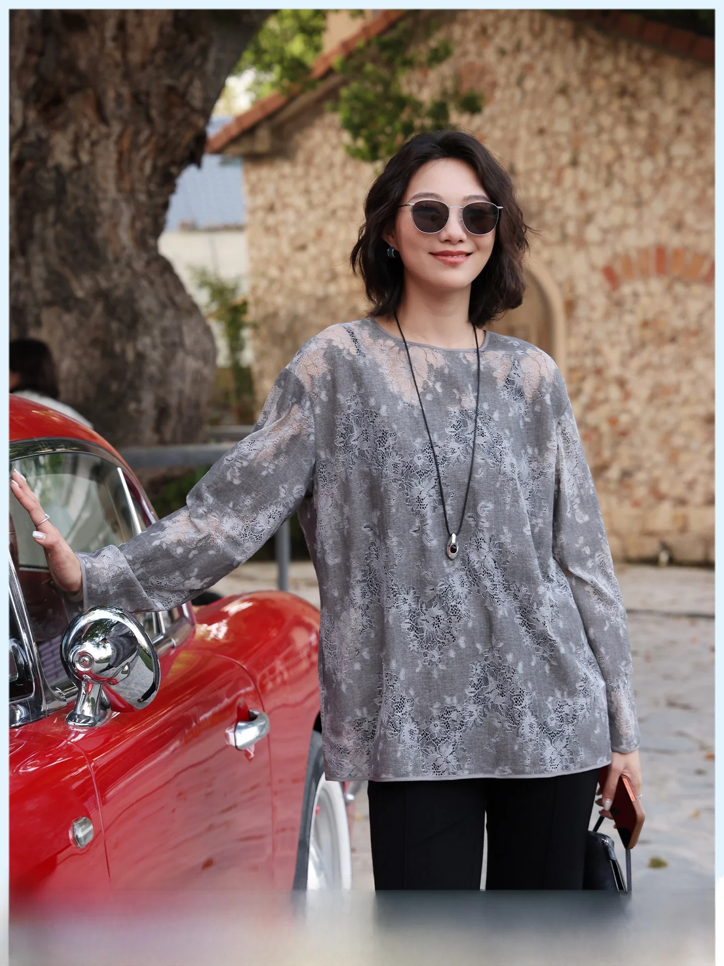 

Повседневная женская блузка с круглым вырезом, кружевными вставками и длинными рукавами, дышащая, свободного кроя, летняя, новый дизайн, универсальный топ