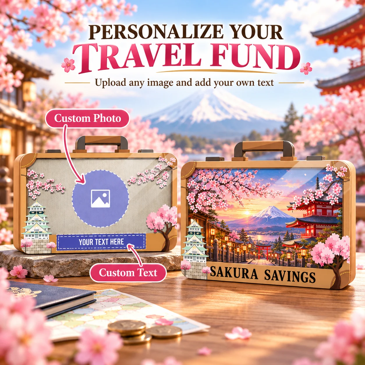 Custom Photo Text Suitcase Piggy Bank Personalized Travel Money Box with Luggage Design Creative Gift for Kids Savings Decor