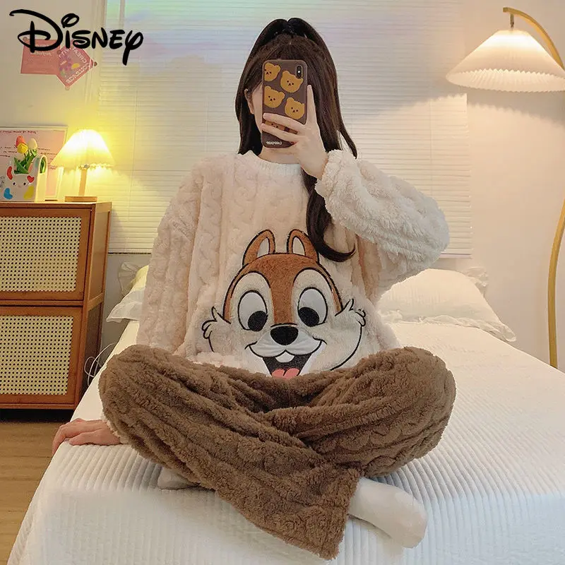 Disney Chip&Dale Cute Matching Set For Women Plush Pullover Tops Trousers Winter Soft Coral Fleece Pajamas Suit Y2k Cute Clothes