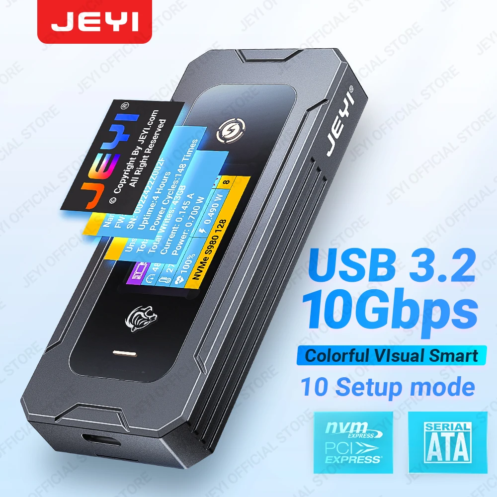 JEYI Visual Smart M.2 NVMe/SATA SSD-Gehäuse, USB 3.2 10 Gbit/s, 10 Set-Modi, Echtzeit-Temperaturunterstützung, M-Key B+M Key UASP