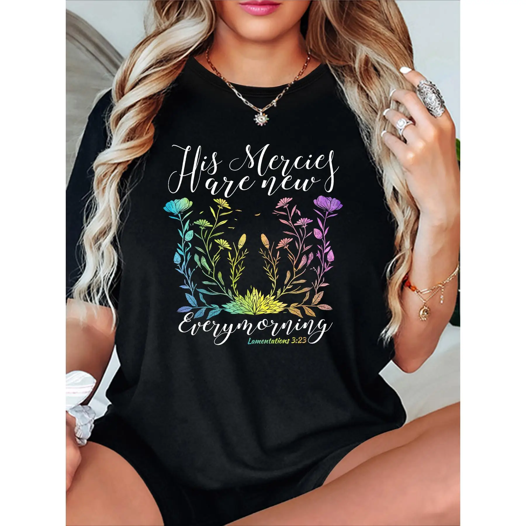 

Women'S Casual T-Shirt with Gradient Flower and Inspirational Quote, Crew Neck, Short Sleeve, Knit Fabric, All-Season Top