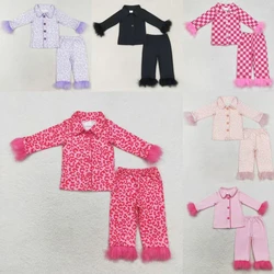 Wholesale Toddler Fur Long Sleeves Checkered Leopard Buttons Shirt Pants Children Kids Outfit Pajamas Baby Girl Set Sleepwear