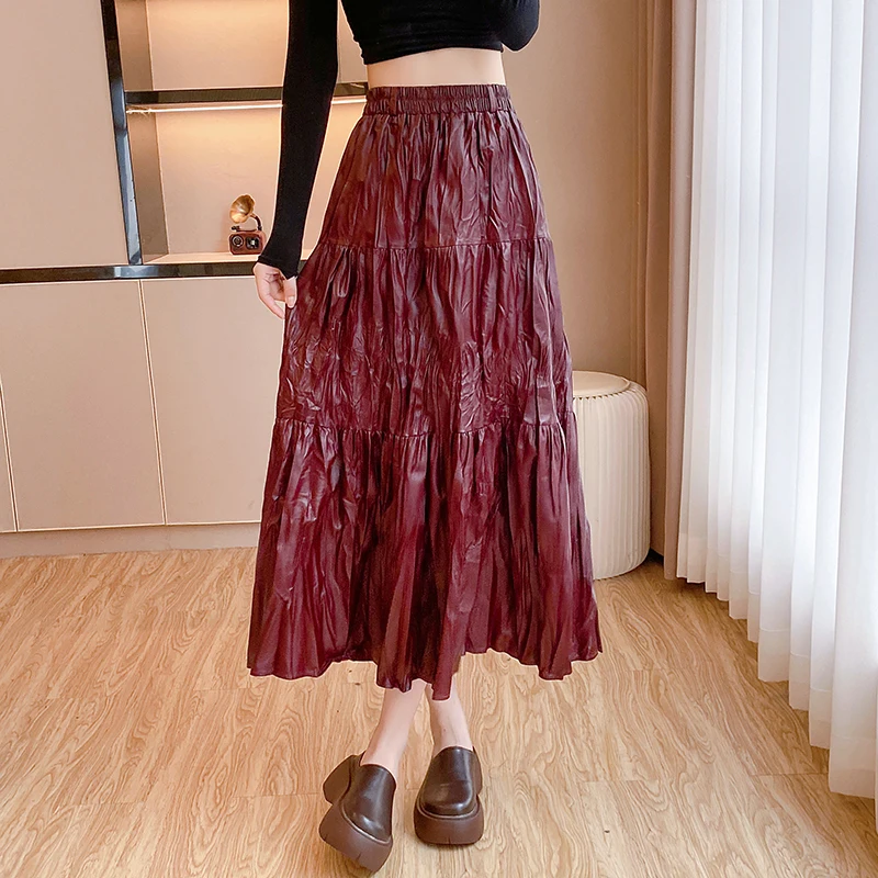 Autumn Winter PU Leather Pleated Skirt Women Elegant Elastic High Waist Work Dance Party Long Skirt Maxi Solid Color