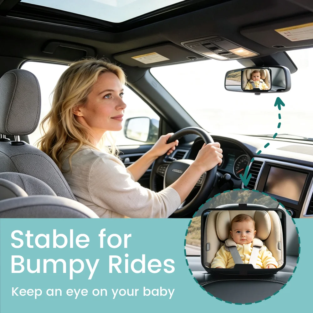Baby Car Mirror Set, 360° Adjustable Shatter‑Proof Backseat View Mirror + 2Pcs Thickened Headrest Hooks for Infant Rear‑Facing C