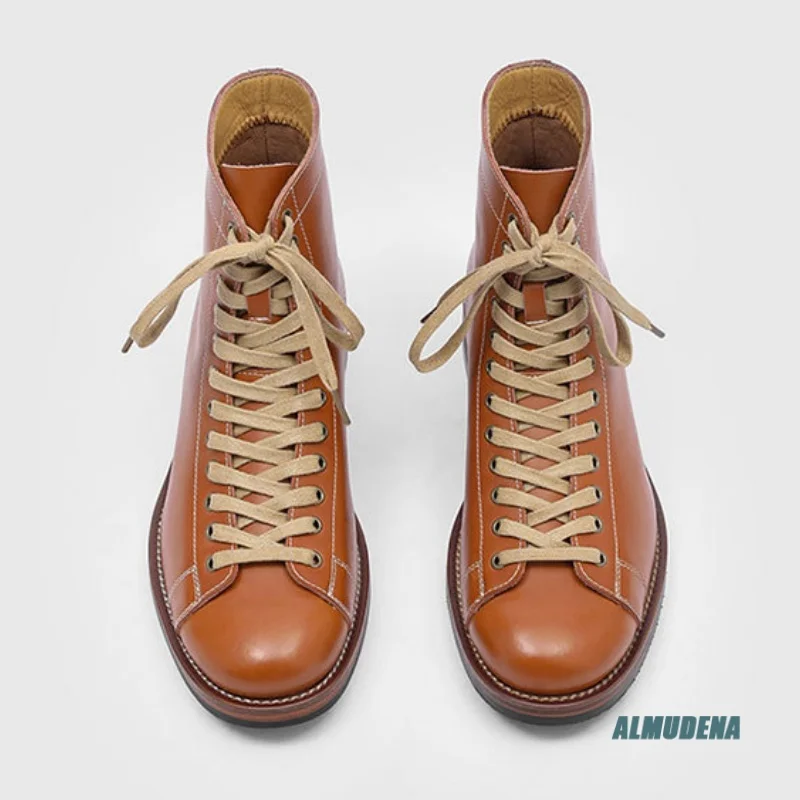 Brown Genuine Leather Men's Boxing Style Ankle Boots Round Toe Lace-Up Low Heel Urban Casual Fashion Vintage Hiking Shoes